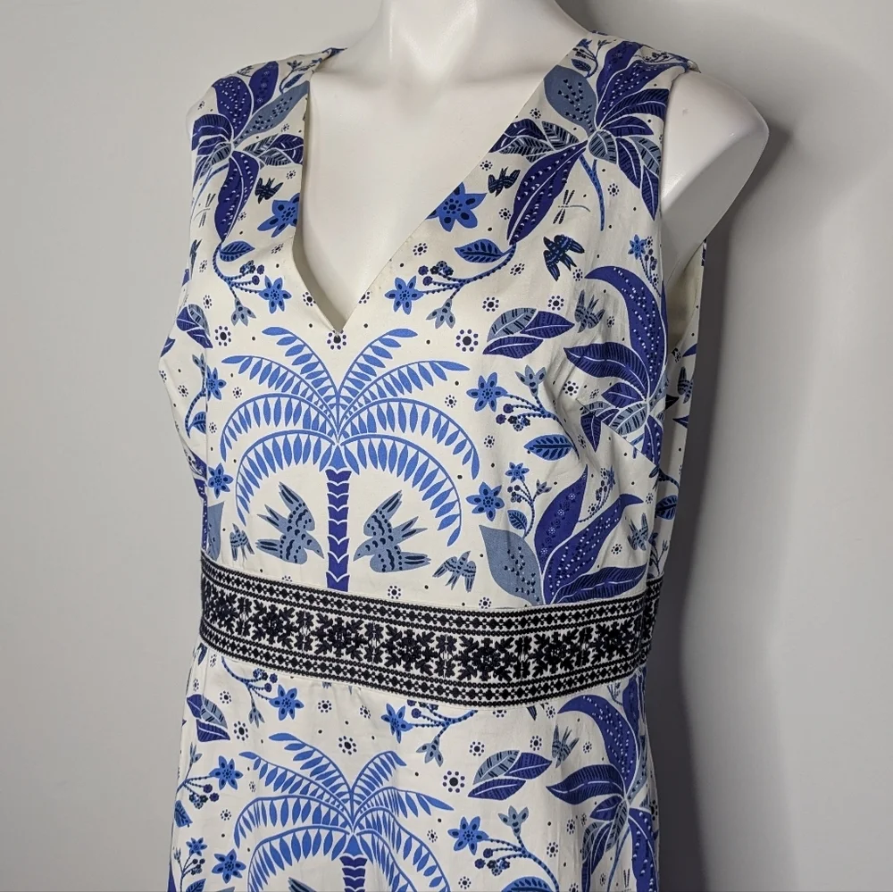 Boden Blue White Floral Bird Palm Tree Sleeveless V Neck Cotton Midi Dress 12 - Picture 2 of 10